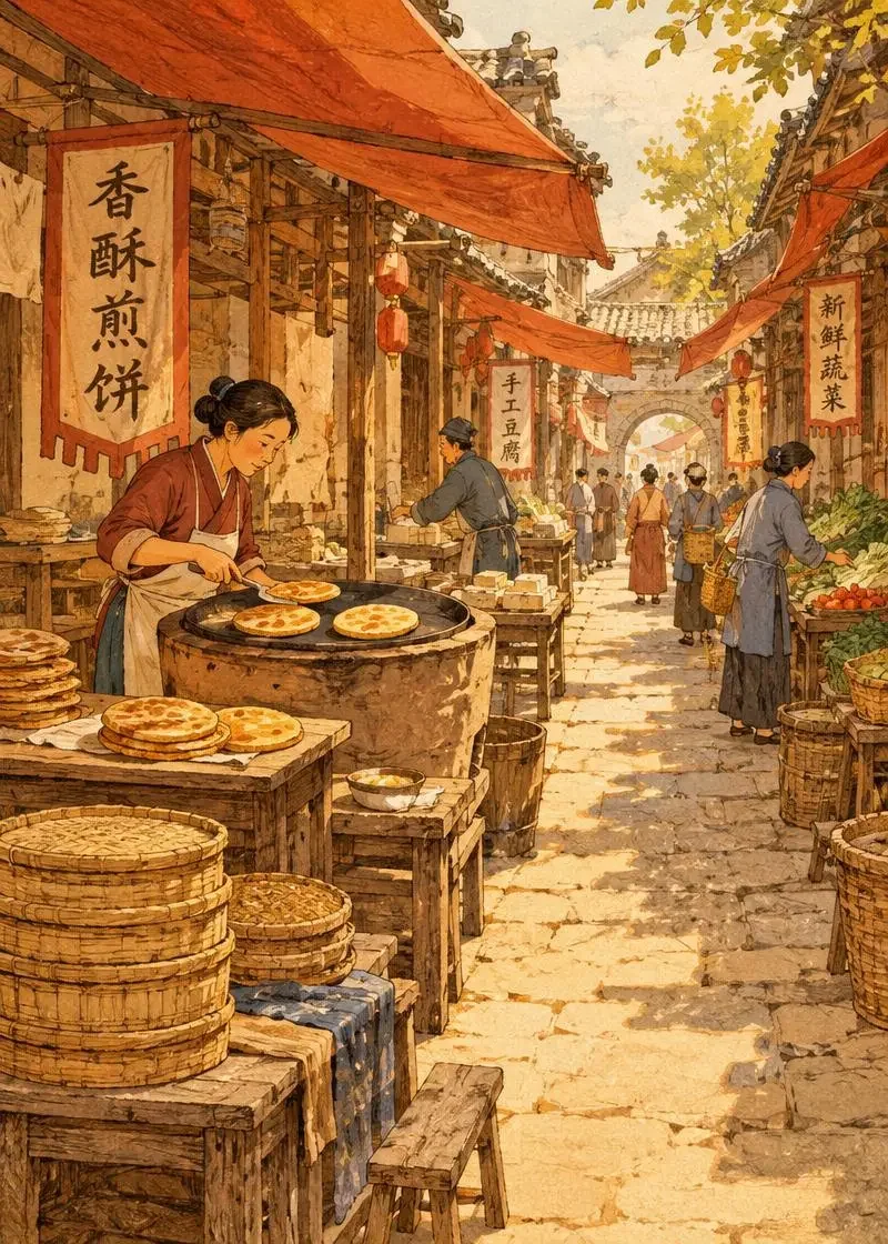 巷口小饼铺 红果短剧入口AI 手稿页 《巷口小饼铺》原创短剧封面,菜谱手稿式剧集入口配图