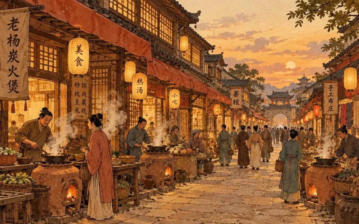 红果短剧入口AI烟火新篇页面配图,暮色市井长街上多口土陶灶冒起炊烟 红果短剧入口AI烟火新篇页面配图,暮色市井长街上多口土陶灶冒起炊烟